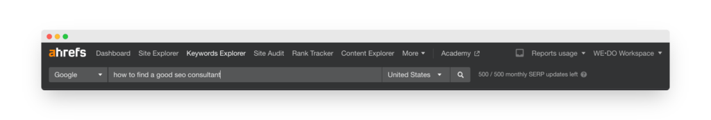 AHREFs screenshot of the keywords how to find a good SEO consultant