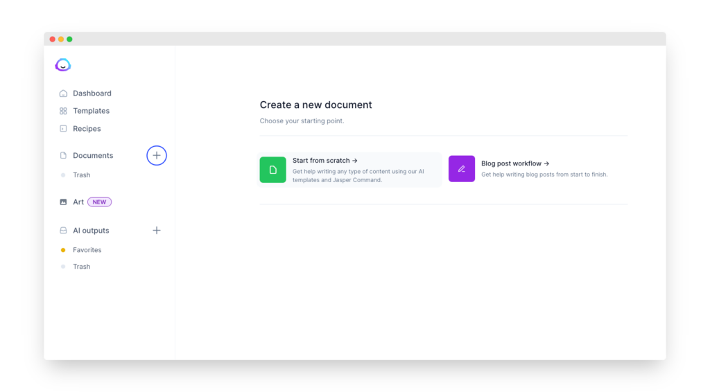 screenshot of jasper.ai create new document page